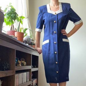 80s Navy Blue & White Dress VINTAGE
